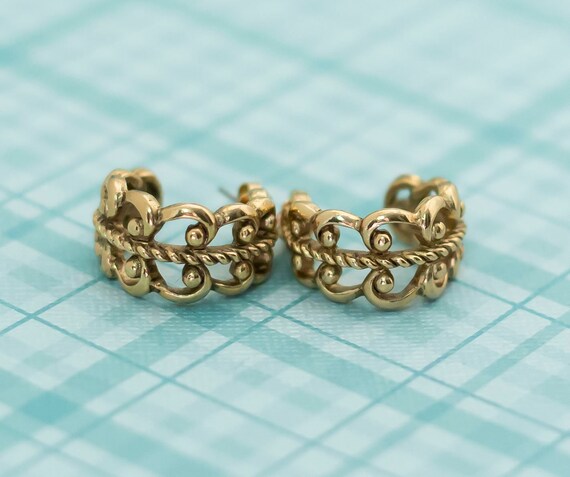 Vintage Victorian Love Gold Tone Hoop Earrings by… - image 1