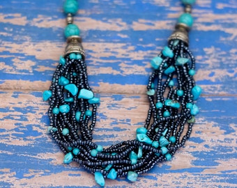 18 inch, vintage blauwe turquoise kralen unieke ketting - L33