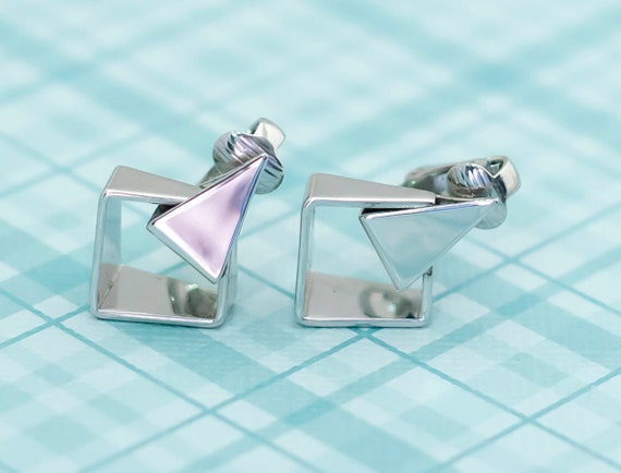 Vintage Silver Tone Triangle Clip On Earrings by … - image 2
