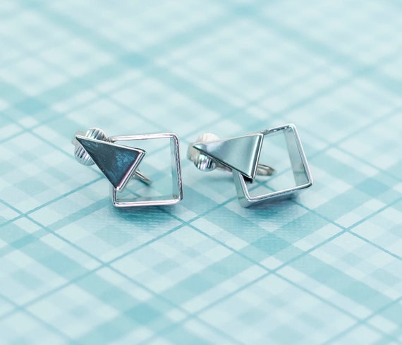 Vintage Silver Tone Triangle Clip On Earrings by … - image 1