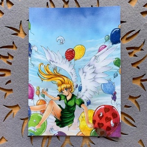 Anime Postkarte Engel “Serafina” | kleiner Kunstdruck auf DIN A6 (10,5 cm x 14,8 cm), Engel Karte Illustration mit Luftballons