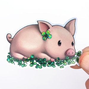 Schwein Sticker | Glücksschwein Glitzer Sticker mit vierblättriges Kleeblatt (7,0 cm x 4,6 cm), Schweinchen Glücksbringer