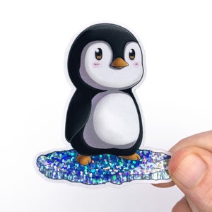 Pinguïnstickers | Schattige pinguïn glitter sticker op ijsschots (6,3 cm x 7,0 cm), Kawaii baby pinguïn sticker