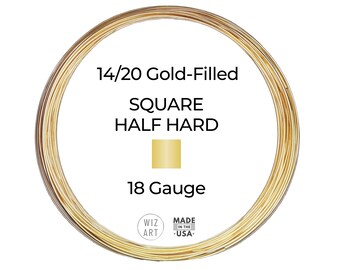 May include: A coil of 14/20 gold-filled square half-hard wire, 18 gauge. The wire is a bright gold color, coiled in a circular shape. Text on the image reads "14/20 Gold-Filled SQUARE HALF HARD 18 Gauge". The image also includes the text "MADE IN THE USA".