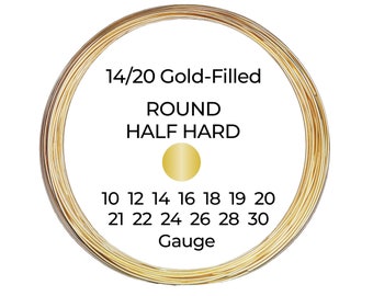 Pode incluir: Uma bobina de fio redondo de 14/20 de ouro preenchido, meio duro. O fio está disponível nos calibres 10, 12, 14, 16, 18, 19, 20, 21, 22, 24, 26, 28 e 30.