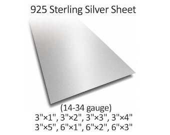 Pode incluir: Uma folha de prata de lei 925. O texto na imagem diz "925 Sterling Silver Sheet" e lista vários tamanhos, incluindo 3"x1", 3"x2", 3"x3", 3"x4", 3"x5", 6"x1", 6"x2" e 6"x3". A espessura é 14-34.