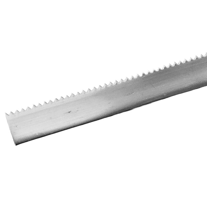 Op de afbeelding: Een zilveren metalen zaagblad met een gekartelde rand.