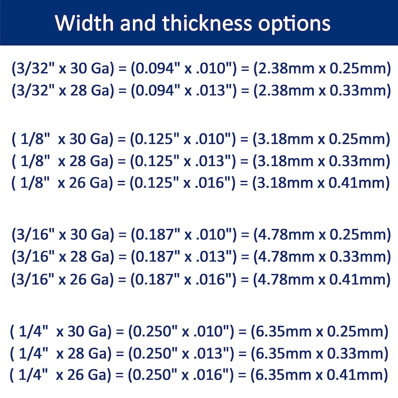 Op de afbeelding: Een tabel met breedte- en dikteopties voor metalen platen. De tabel geeft verschillende maten in inches en gauge weer, met de equivalente metingen in millimeters. Bijvoorbeeld, 3/32 inch bij 30 gauge is gelijk aan 2,38 millimeter bij 0,25 millimeter.
