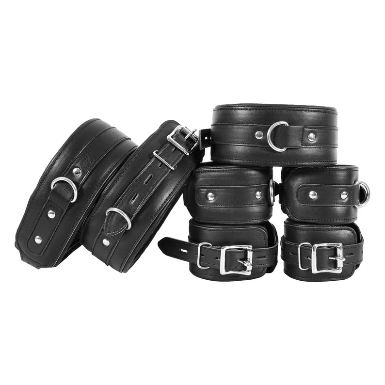 Leather Restraints 5 PC Harness Set for Women/Men-Handmade Padded Wrist Ankle Thigh Cuffs & Neck Collar Bondage BDSM Kit for Couples 