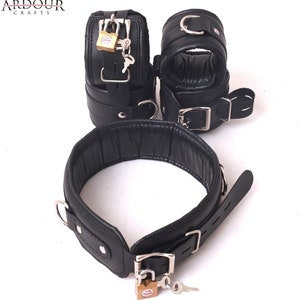 Wrist Real Leather Padded Thigh Ankle Cuffs & Collar 7 Pieces Set Restraints 