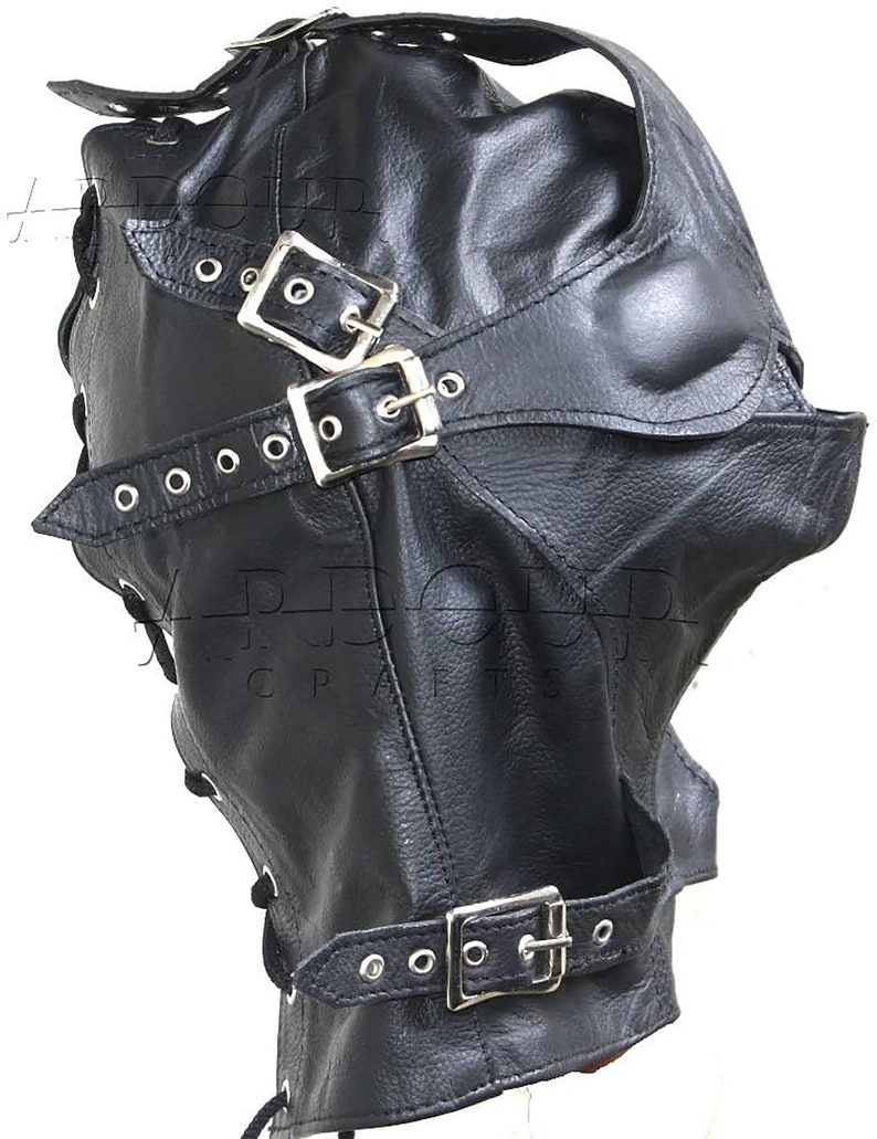 Genuine Cowhide Leather Costume Reenactment Gear Padded Mask Hood with Mouth Gag & Blind Fold 