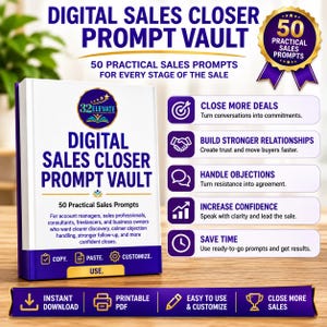 May include: A white and purple book titled Digital Sales Closer Prompt Vault with 50 practical sales prompts. The cover features a logo, text, and icons. Beside the book are five purple-bordered boxes listing benefits and sales strategies.