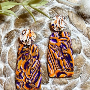 Clemson Tigers purple and orange handmade Polymer Clay Earrings Hypoallergenic Polymer Clay Dangle Earrings, Modern Clay Earrings