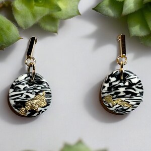 Handmade Polymer Clay Earrings - black, white and gold leaf Hypoallergenic Polymer Clay Dangle Earrings,  Fashion Polymer Clay Earrings