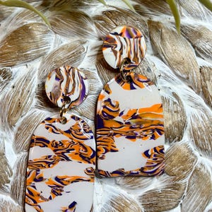 Clemson Tigers purple and orange handmade Polymer Clay Earrings Hypoallergenic Polymer Clay Dangle Earrings, Modern Clay Earrings