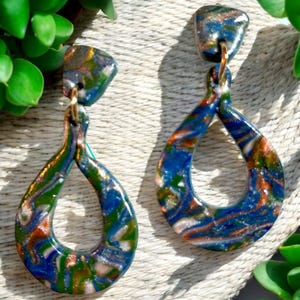 Handmade Polymer Clay Earrings - orange, blue & green Hypoallergenic Polymer Clay Dangle Earrings,  Fashion Polymer Clay Earrings