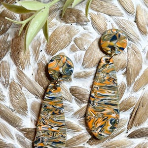 Handmade Polymer Clay Earrings - orange, green, navy & white Hypoallergenic Polymer Clay Dangle Earrings,  Fashion Polymer Clay Earrings