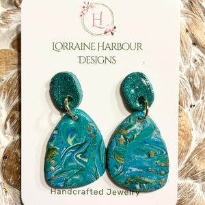 Teal, turquoise, green and gold handmade Polymer Clay Earrings, Multicolor Polymer Clay Earrings, Fashion Polymer Clay Earrings