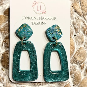 Teal, turquoise, green and gold handmade Polymer Clay Earrings, Multicolor Polymer Clay Earrings, Fashion Polymer Clay Earrings