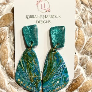 Teal, turquoise, green and gold handmade Polymer Clay Earrings, Multicolor Polymer Clay Earrings, Fashion Polymer Clay Earrings
