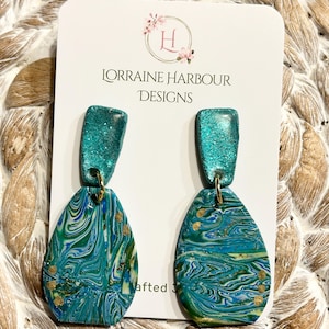 Teal, turquoise, green and gold handmade Polymer Clay Earrings, Multicolor Polymer Clay Earrings, Fashion Polymer Clay Earrings