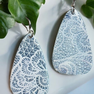 Handmade Polymer Clay Earrings - Light Blue and white lace Hypoallergenic Polymer Clay Dangle Earrings,  Fashion Polymer Clay Earrings