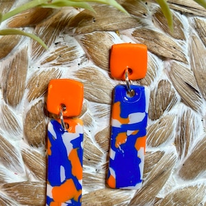 Florida Gators Orange, Blue & white Handmade Polymer Clay Earrings Hypoallergenic Polymer Clay Dangle Earrings, Modern Clay Earrings