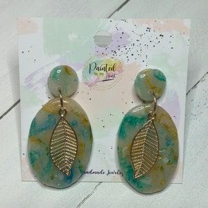 Handmade Polymer Clay Earrings - teal, gold, and cream Hypoallergenic Polymer Clay Dangle Earrings,  Fashion Polymer Clay Earrings