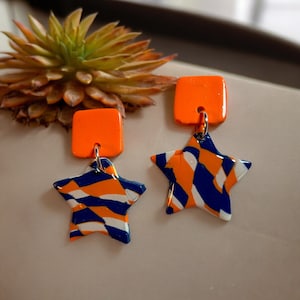 Handmade Polymer Clay Earrings - Orange, navy & white Hypoallergenic Polymer Clay Dangle Earrings,  Fashion Polymer Clay Earrings