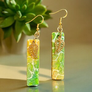 Handmade Polymer Clay Earrings - spring green and gold Hypoallergenic Polymer Clay Dangle Earrings,  Fashion Polymer Clay Earrings