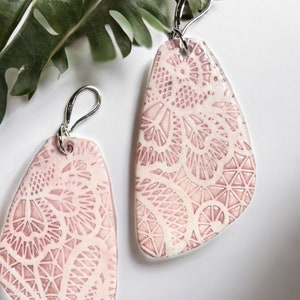 Handmade Polymer Clay Earrings Light Pink and white lace, Hypoallergenic Polymer Clay Dangle Earrings,  Fashion Polymer Clay Earrings