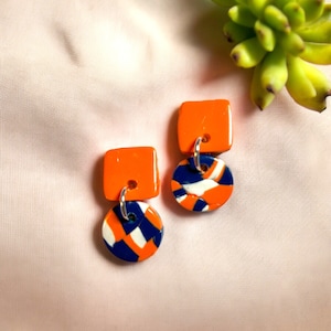 Handmade Polymer Clay Earrings - Orange, navy & white Hypoallergenic Polymer Clay Dangle Earrings,  Fashion Polymer Clay Earrings