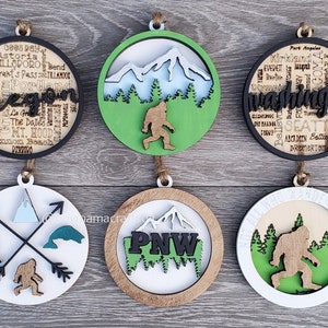 PNW Ornaments SVG, Glowforge, Laser Cut Files, Christmas Ornaments, Layered Ornament, Washington, Oregon, Sasquatch, Big Foot, Ready to Cut