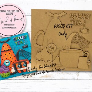 May include: A wooden craft kit for making a spooky tea set. The kit includes a teapot, teacup, spider, bat, and a web. The text "Spooky Tea Wood Kit Only" is printed on the wood.