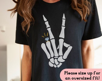 Engaged Skeleton Hand Peace Sign Tee Shirt, Engagement Gifts, Edgy Bachelorette Clothing, Getting Married Alternative Gift For Her, Fiancee