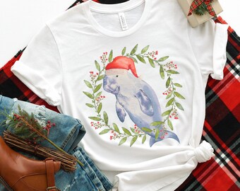 Christmas Manatee Shirt, Santa Manatee Tee Shirts, Manatee Gifts, Marine Conservation Florida, Present Manatee Lover, Chubby Mermaids shirt