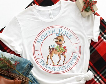 Retro Reindeer Tee, North Pole Transportation Shirt, Santa Claus Crewneck, Cute Winter Outfits For Women, Vintage Style Shirts