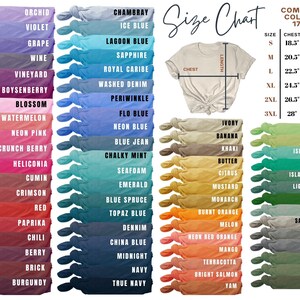 May include: A size chart for t-shirts with a variety of colors and sizes. The chart shows the chest and length measurements for each size, from small to 3XL. The colors are organized into two columns, with a variety of shades of blue, green, red, and orange.