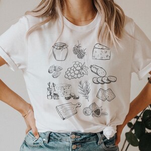 Camiseta de tabla de charcutería, camisetas para amantes de la comida, camiseta de chef, camisetas para amantes del queso, estética minimalista de estilo vintage