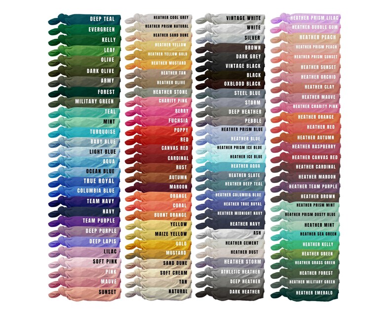 May include: A color chart of 100 different t-shirt colors, including solid colors, heather colors, and prism colors. The colors are arranged in three columns, with each column representing a different type of color. The chart is a useful tool for choosing the right color for your t-shirt.