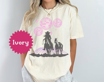 Disco Cowgirl Comfort Colors Shirt, Disco Ball Shirts, Funny Retro tees, Cowgirl Country Hat, bachelorette Party Shirts, Mirrorball Sweater