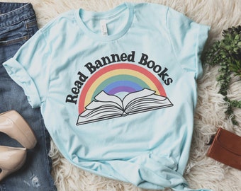 Rainbow Read Banned Books Retro Style Tee, Banned Books Shirts, Gift For Book Lovers, Reading Present For Her, Teacher Librarian Shirts