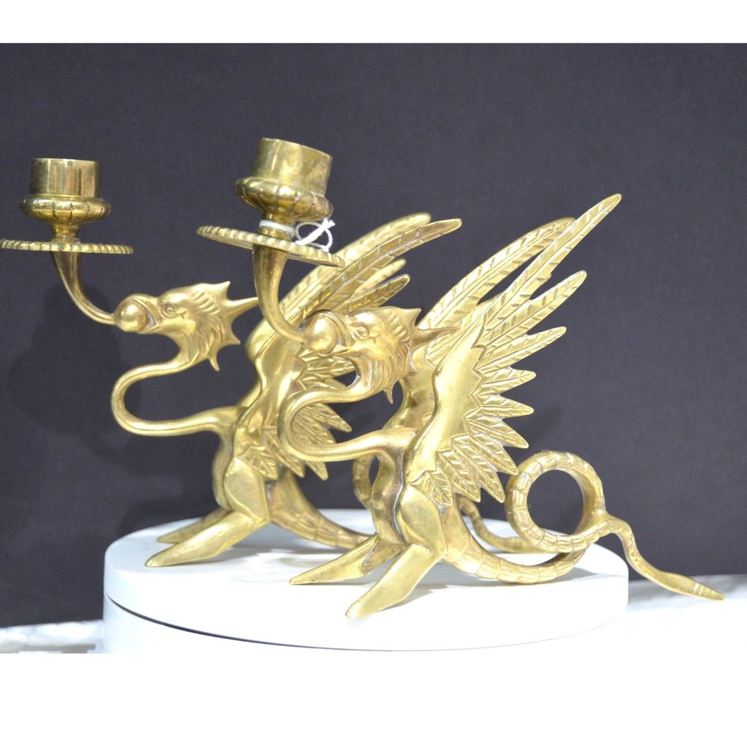 2 Antique Brass Dragon Phoenix Griffin Candle Holders Candlesticks 9 X