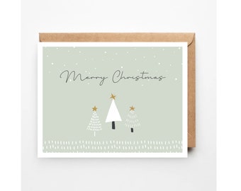Christmas card, Merry Christmas greeting card, Christmas trees card, Light green Christmas card