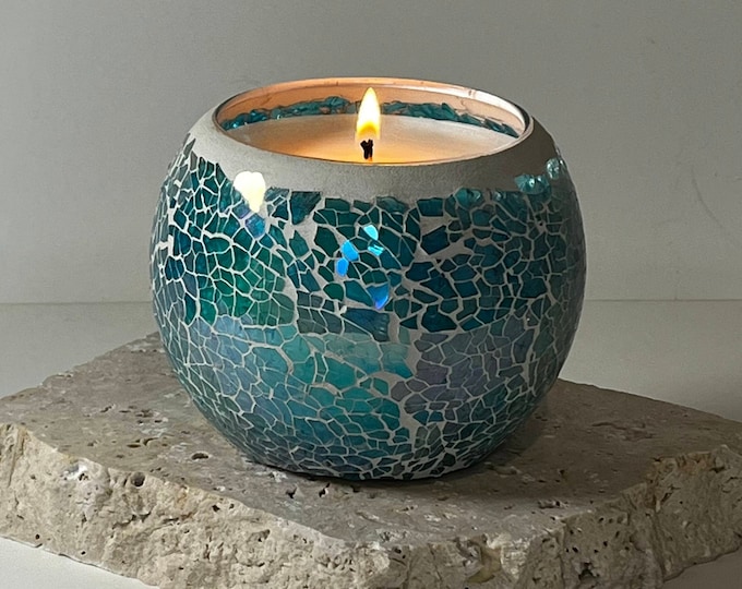 Aqua Azure Crackle Glass Soy Candle fragrance Lemongrass Persian Lime