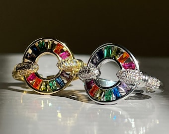 Rainbow Cubic Zircon Electroplated Gold Circular Ring One size fits all adjustable