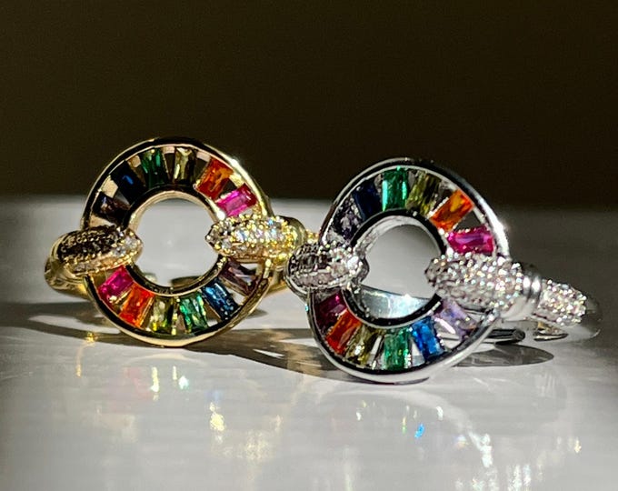 Rainbow Cubic Zircon Electroplated Gold Circular Ring One size fits all adjustable