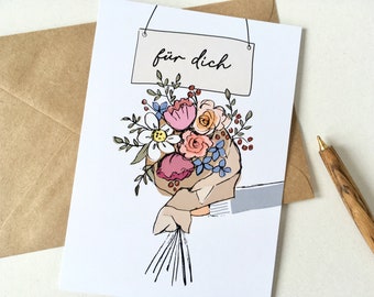 POSTKARTE Für Dich • Grußkarte • illustrierter Blumenstrauß • Geburtstag • Muttertag • Hochzeit