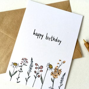 POSTKARTE happy birthday • Grußkarte • illustrierte Blumen • Kunstkarte zum Geburtstag