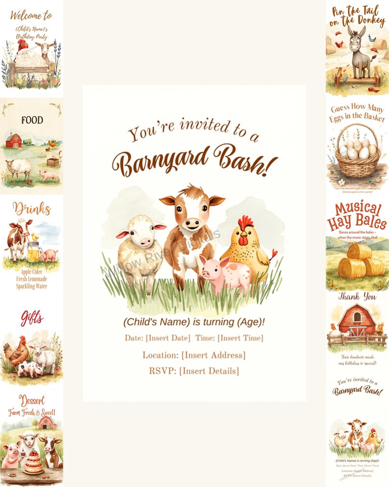 Farm Animals Birthday Invitation Template, Editable Barnyard Kids Party ...